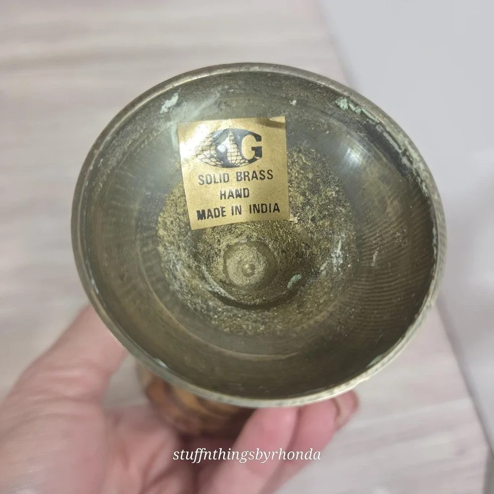 Vintage Etched Solid Brass Vase Made in India Ruffled Rim Floral Design 8 Inch